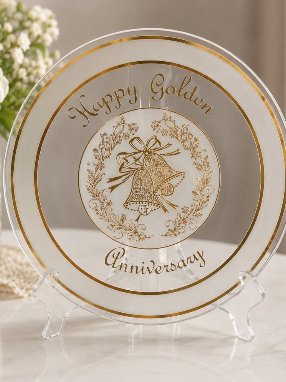 Vintage 12” Happy Golden Anniversary Glass Display Plate Wedding Bells 50th